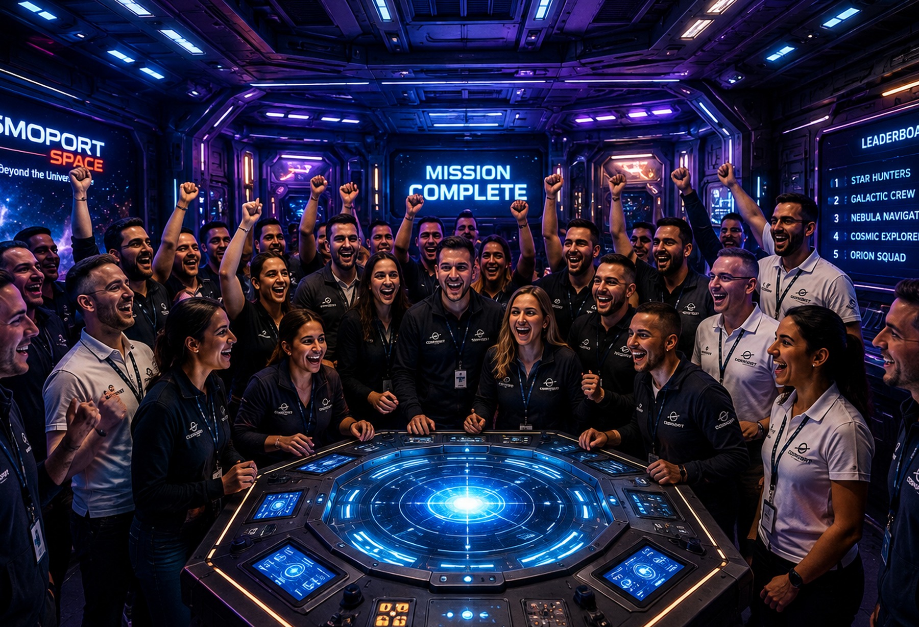 Large corporate team celebrating at Cosmoport